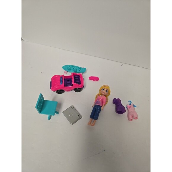 POLLY POCKET LOT WITH DOLL, CAR,  SKATEBOARD, OUTFITS, CHAIR, & LAPTOP - Picture 1 of 5